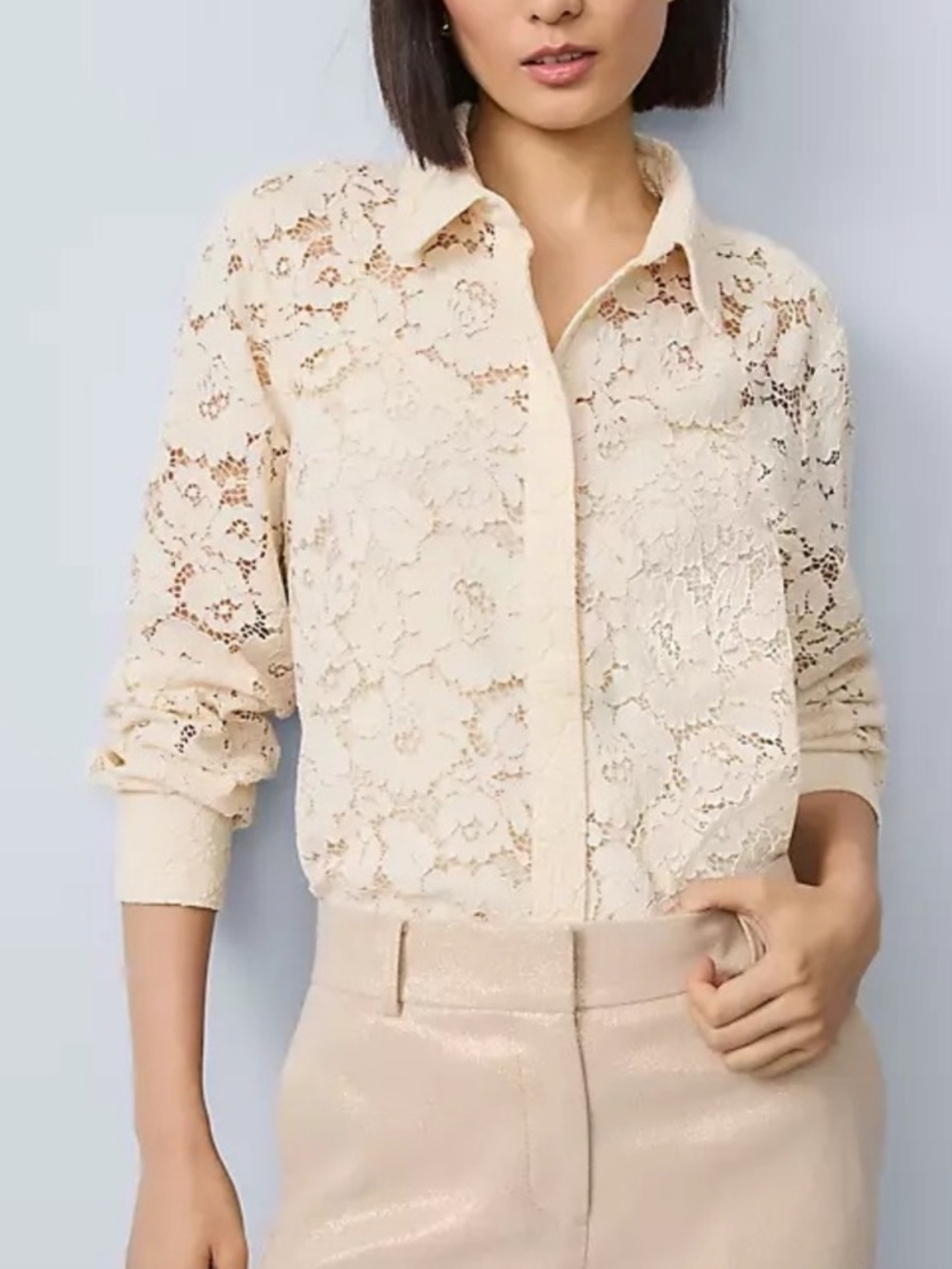 Boston Proper Lace Button Front Shirt Ivory Long Sleeve